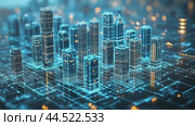A digital city of the future with an architecture of luminous technologies and networks. Стоковое AI-видео, аниматор Юрий Поздников / Фотобанк Лори