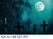 Graveyard cross under full moon with spider web and bokeh effect, background. Стоковое AI-изображение, AI-художник Анастасия Золотницкая / Фотобанк Лори