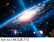 Universe cosmos space and time. Space objects planets stars glows comets nebulae satellites and meteorites. Gravitationally bound system of interstellar gas, dust and dark matter, galaxies. AI. Стоковое фото, фотограф Юлия Петровская / Фотобанк Лори