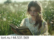 Young woman reading in sunlit meadow. Стоковое AI-изображение, AI-художник Иван Рябоконь / Фотобанк Лори