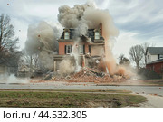 House demolition in progress with explosive cloud. Стоковое AI-изображение, AI-художник Иван Рябоконь / Фотобанк Лори