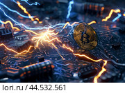 Bitcoin cryptocurrency on circuit board with electric current. Стоковое AI-изображение, AI-художник Иван Рябоконь / Фотобанк Лори