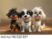 Trio of happy cartoon dogs smiling together. Стоковое AI-изображение, AI-художник Иван Рябоконь / Фотобанк Лори