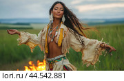Shaman woman dancing in front of fire in nature with open arms. Стоковое AI-изображение, AI-художник Юрий Поздников / Фотобанк Лори