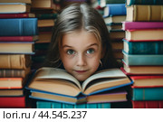 Curious child surrounded by piles of books. Стоковое AI-изображение, AI-художник Иван Рябоконь / Фотобанк Лори