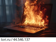 Laptop engulfed in flames on desk. Стоковое AI-изображение, AI-художник Иван Рябоконь / Фотобанк Лори