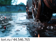 Vehicle tire splashing through rain puddle on urban street. Стоковое AI-изображение, AI-художник Иван Рябоконь / Фотобанк Лори
