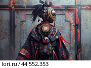 Tribal warrior in traditional armor with feathers. Стоковое AI-изображение, AI-художник Иван Рябоконь / Фотобанк Лори