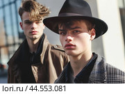 Young men in urban fashion posing outdoors. Стоковое AI-изображение, AI-художник Иван Рябоконь / Фотобанк Лори