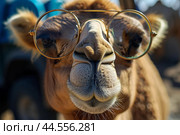 Humorous camel wearing oversized glasses. Стоковое AI-изображение, AI-художник Иван Рябоконь / Фотобанк Лори