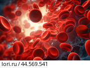 Red blood cells stream. Healthy human platelets, red blood cells under microscope. Hemoglobin. Стоковое AI-изображение, AI-художник Ирина Старикова / Фотобанк Лори