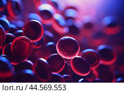 Cells brightly colored cells glowing under the microscope. Стоковое AI-изображение, AI-художник Ирина Старикова / Фотобанк Лори