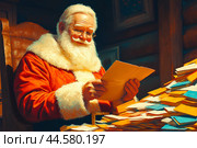 Санта (Дед Мороз) разбирает почту, читает письма детей. Стоковое AI-изображение, AI-художник Щеголева Ольга / Фотобанк Лори