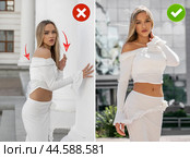 Collage two photos. Common mistakes in female posing and how to avoid them. Стоковое фото, фотограф Андрей Аркуша / Фотобанк Лори