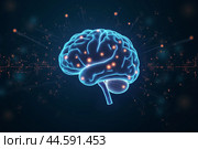Artificial intelligence is presented as an abstract illustration of a model on a blue background symbolizing future technologies and transmitting data in the form of bytes and files. Стоковое AI-изображение, AI-художник Сергей Краснощеков / Фотобанк Лори