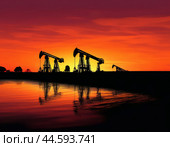 Oil pumping unit against sunset. Pumping unit is a type of surface drives of downhole sucker rod pumps in oil well operation. Стоковое AI-изображение, AI-художник Сергей Елизарьев / Фотобанк Лори