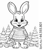 Funny bunny. Educational children's coloring (black and white). White background, in the style of a coloring book, a drawing for children to color. Стоковое AI-изображение, AI-художник Сергей Елизарьев / Фотобанк Лори