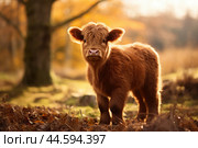 Calf of Highland Cattle in the wild. Стоковое AI-изображение, AI-художник Veniamin Kraskov / Фотобанк Лори