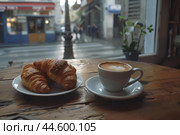 Cozy coffee shop breakfast with croissants and cappuccino. Стоковое AI-изображение, AI-художник Иван Рябоконь / Фотобанк Лори
