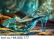 Enchanting crystal slipper on silk fabric. Стоковое AI-изображение, AI-художник Иван Рябоконь / Фотобанк Лори