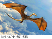 Majestic pterosaur gliding through cloudy sky. Стоковое AI-изображение, AI-художник Иван Рябоконь / Фотобанк Лори