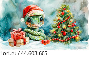 New year greeting card. Copy space. Watercolor illustration of snake in Santa hat, nestled near a decorated Christmas tree. The scene is filled with snow and presents, creating a warm and celebratory atmosphere. Стоковое AI-изображение, AI-художник Юлия Ильина / Фотобанк Лори