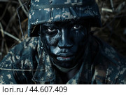 Tenacious Black soldier. Generate Ai. Стоковое AI-изображение, AI-художник Иван Рябоконь / Фотобанк Лори
