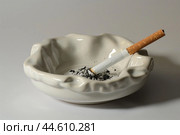 Extinguished cigarette in ashtray on neutral background. Стоковое AI-изображение, AI-художник Иван Рябоконь / Фотобанк Лори