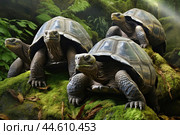 Group of Galapagos Giant Tortoises close up. Стоковое AI-изображение, AI-художник Veniamin Kraskov / Фотобанк Лори