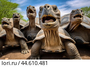 Group of Galapagos Giant Tortoises close up. Стоковое AI-изображение, AI-художник Veniamin Kraskov / Фотобанк Лори