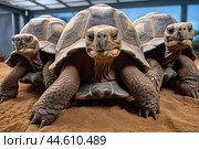 Group of Galapagos Giant Tortoises close up. Стоковое AI-изображение, AI-художник Veniamin Kraskov / Фотобанк Лори
