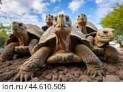 Group of Galapagos Giant Tortoises close up. Стоковое AI-изображение, AI-художник Veniamin Kraskov / Фотобанк Лори