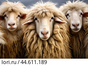Group of long-haired sheeps close up. Стоковое AI-изображение, AI-художник Veniamin Kraskov / Фотобанк Лори