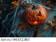 Enigmatic halloween pumpkin amidst autumn leaves. Стоковое AI-изображение, AI-художник Иван Рябоконь / Фотобанк Лори