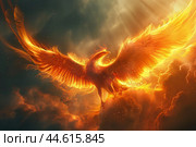 Majestic phoenix soaring in fiery sky. Стоковое AI-изображение, AI-художник Иван Рябоконь / Фотобанк Лори