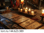 Mystical tarot card spread on a candlelit table. Стоковое AI-изображение, AI-художник Иван Рябоконь / Фотобанк Лори