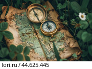 Vintage compass on world map amidst nature. Стоковое AI-изображение, AI-художник Иван Рябоконь / Фотобанк Лори