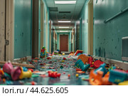 Hauntingly empty corridor littered with colorful, discarded toys. Стоковое AI-изображение, AI-художник Иван Рябоконь / Фотобанк Лори