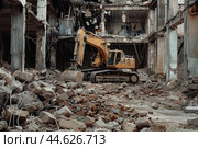 Excavator amidst demolition site debris. Стоковое AI-изображение, AI-художник Иван Рябоконь / Фотобанк Лори