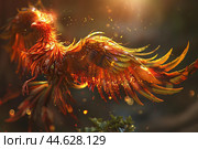 Majestic phoenix in fiery flight. Стоковое AI-изображение, AI-художник Иван Рябоконь / Фотобанк Лори