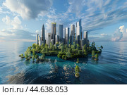 Futuristic cityscape on tropical island at sunset. Стоковое AI-изображение, AI-художник Иван Рябоконь / Фотобанк Лори