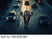 On winter night moose entered roadway, creating an emergency situation on road and danger of collision with an animal. Стоковое AI-изображение, AI-художник Владимир Григорьев / Фотобанк Лори