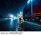Frightened fox stands frozen in middle of busy highway with heavy traffic on rainy night. Стоковое AI-изображение, AI-художник Владимир Григорьев / Фотобанк Лори