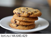 Delicious chocolate chip cookies on plate. Стоковое AI-изображение, AI-художник Иван Рябоконь / Фотобанк Лори