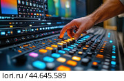Audio engineer working on audio mixing console with lighted faders and knobs. Стоковое AI-изображение, AI-художник Юрий Поздников / Фотобанк Лори