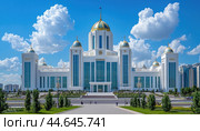 Tourists walking outside the ak orda presidential palace on a sunny summer day. Стоковое AI-изображение, AI-художник Юрий Поздников / Фотобанк Лори