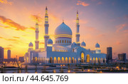 Hazrat sultan mosque shining during golden hour in astana, kazakhstan. Стоковое AI-изображение, AI-художник Юрий Поздников / Фотобанк Лори