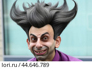 Eccentric man with wild hairstyle and expressive face. Стоковое AI-изображение, AI-художник Иван Рябоконь / Фотобанк Лори