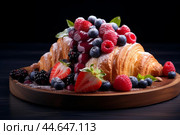Gourmet berry croissant on wooden plate. Стоковое AI-изображение, AI-художник Иван Рябоконь / Фотобанк Лори