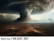 Majestic supercell thunderstorm over landscape. Стоковое AI-изображение, AI-художник Иван Рябоконь / Фотобанк Лори